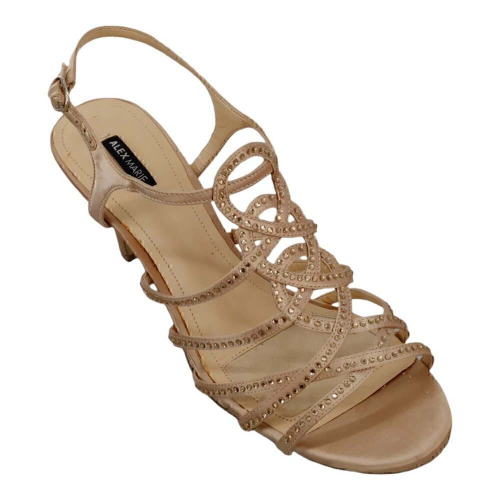 ALEX MARIE Champagne Satin Rhinestone Sling Back Sandals 10M Good Pre-Owned